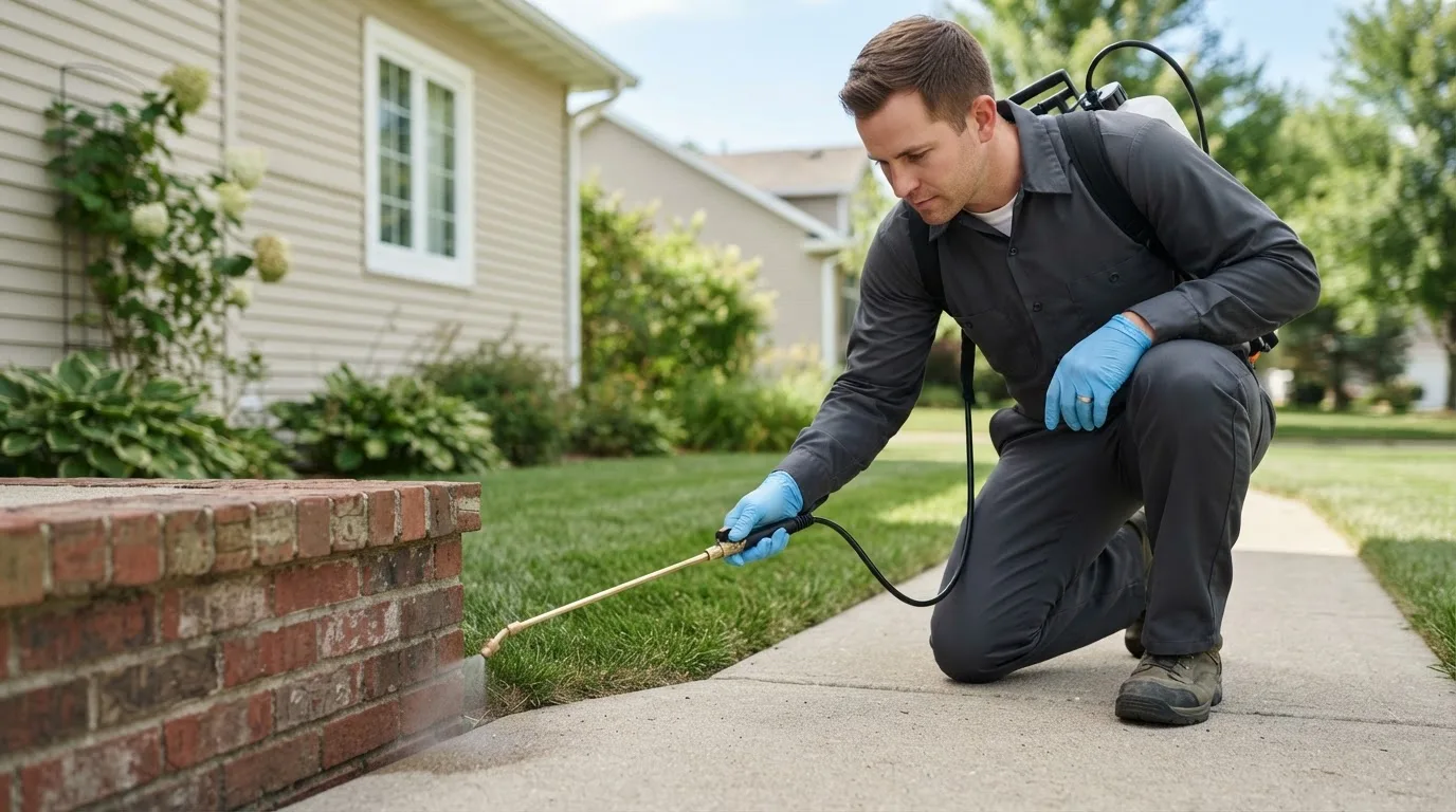 Pest control technician treating a home near East Liberty, OH