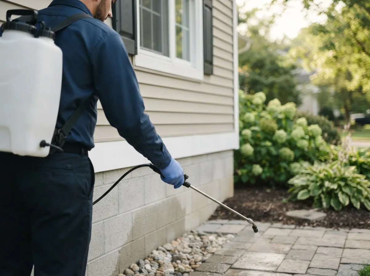 Pest control technician inspecting a home in East Liberty, OH